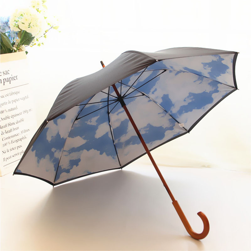 Auto open custom logo printed 2 layers wooden handle creative blue sky white cloud design straight umbrella from china suppliers for sale