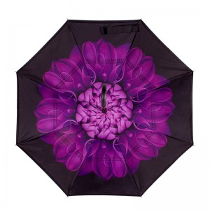 Purple Chrysanthemum flower Stock Custom Double Layer Inside Out C Shape Handle inverted Reverse Umbrella