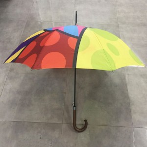 High quality Anti-UV sun protection Auto open custom Fashion Colorful printing design windproof waterproof straight umbrella with J wooden handle